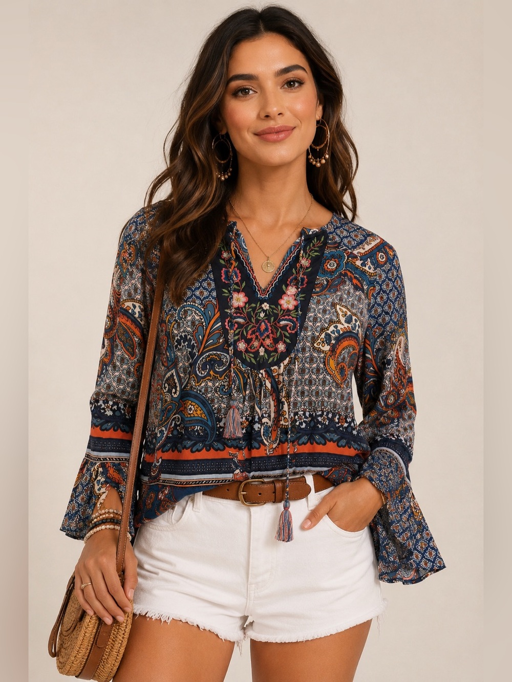 New Directions Boho Paisley Embroidered Tassel Peasant Blouse Blue Orange Size S